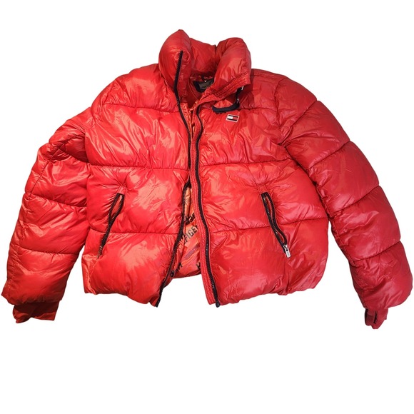 Tommy Hilfiger Red Puffer Jacket Womens XL Lightweight Coat THUMB SLEEVE - Picture 1 of 11